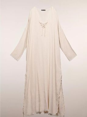 Zara Ecru Gauze Lace-Up Caftan Dress